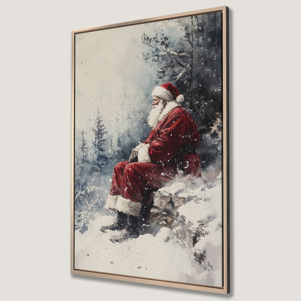 Framed Wall Art featuring Santa Claus in a winter scene. Watercolor style with red, white, and blue hues. Perfect Christmas decor for your home.
