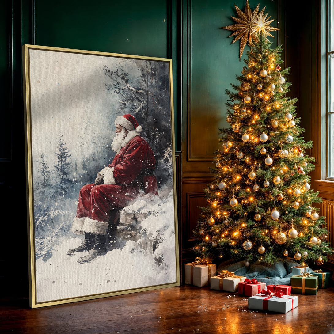 Canvas Print of Santa Claus in a winter watercolor style, with a red and white color palette. Perfect Christmas wall art!