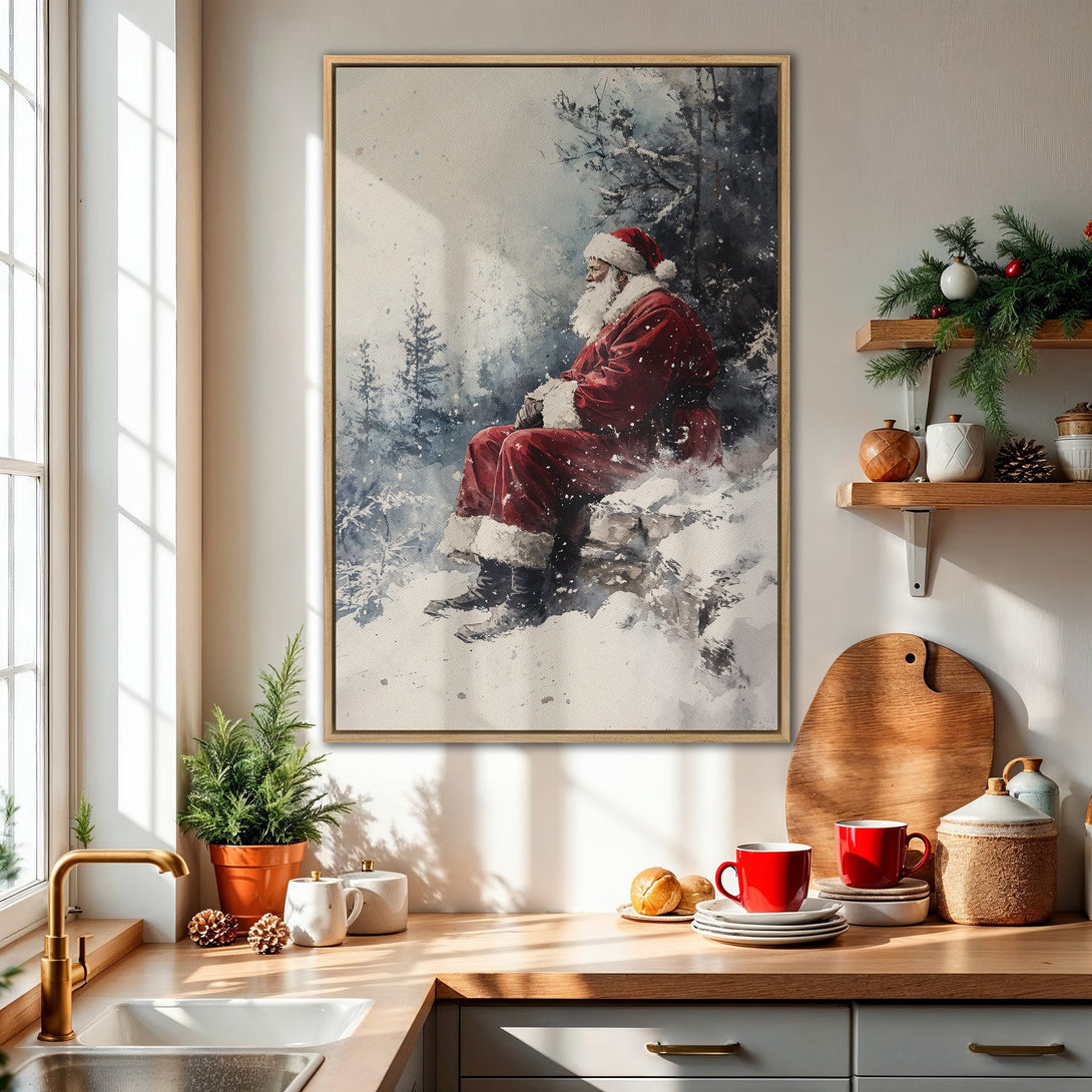 Framed Wall Art: Watercolor Santa in a snowy forest. Festive red & white palette. Perfect Christmas decor for your kitchen or living room.