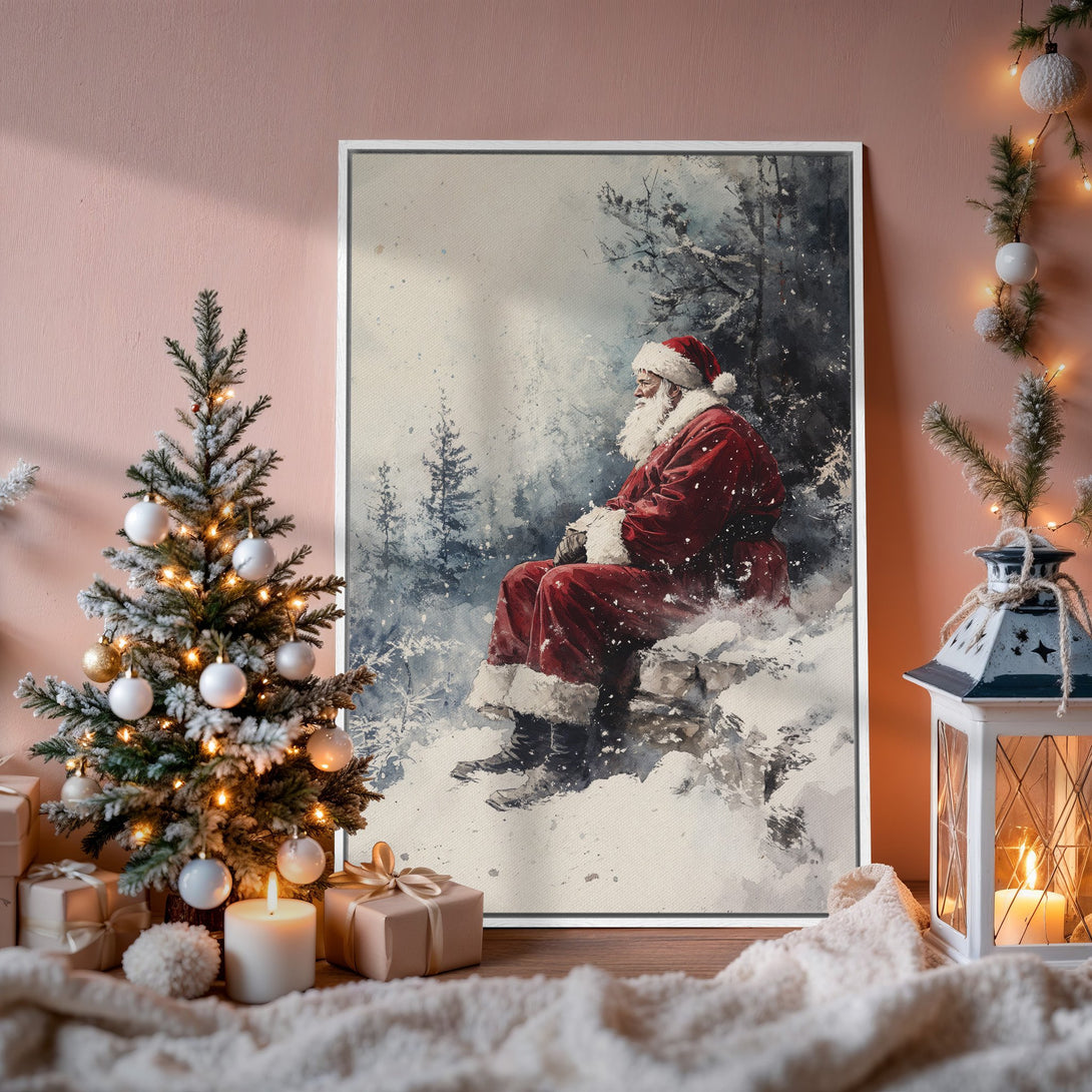 Framed Wall Art: Watercolor Santa in snowy scene. Red, white, and gray palette. Perfect Christmas decor. Add cozy charm to your home!