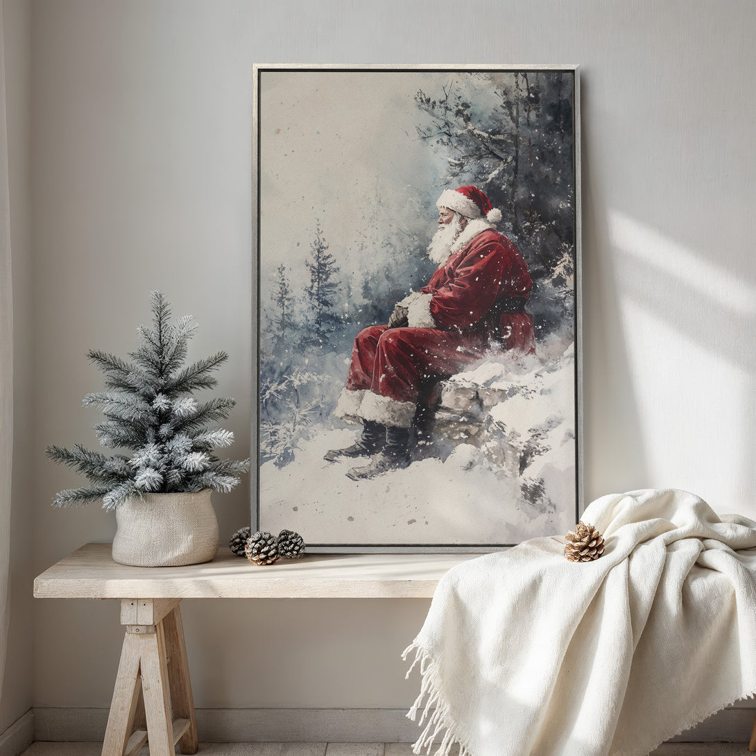 Framed Wall Art featuring Santa Claus in a snowy scene, watercolor style. Festive red, blue, and white color palette, perfect for Christmas decor.