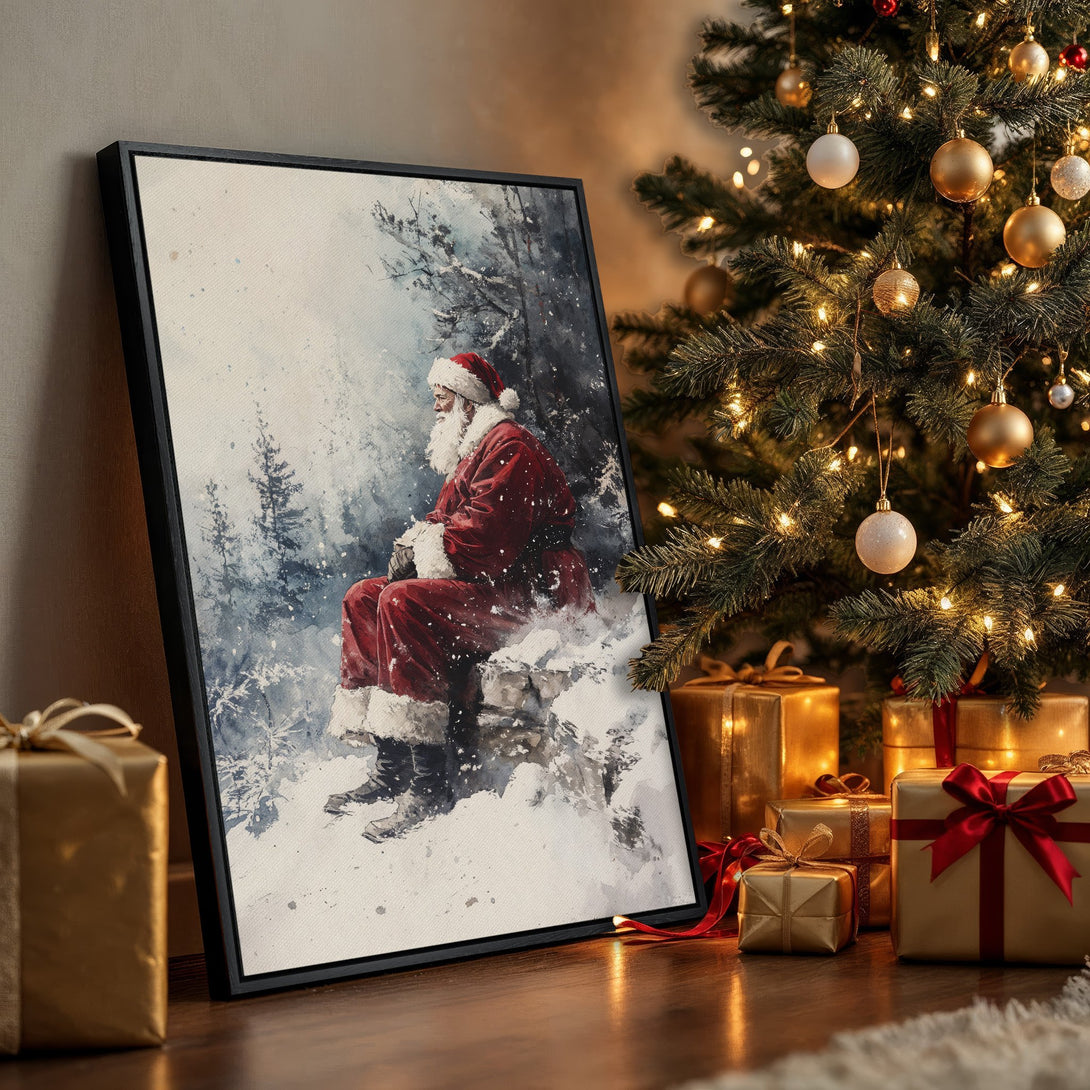 Framed Wall Art: Watercolor Santa Claus print in a snowy landscape. Festive red, white, and blue hues. Perfect Christmas decor for your home!