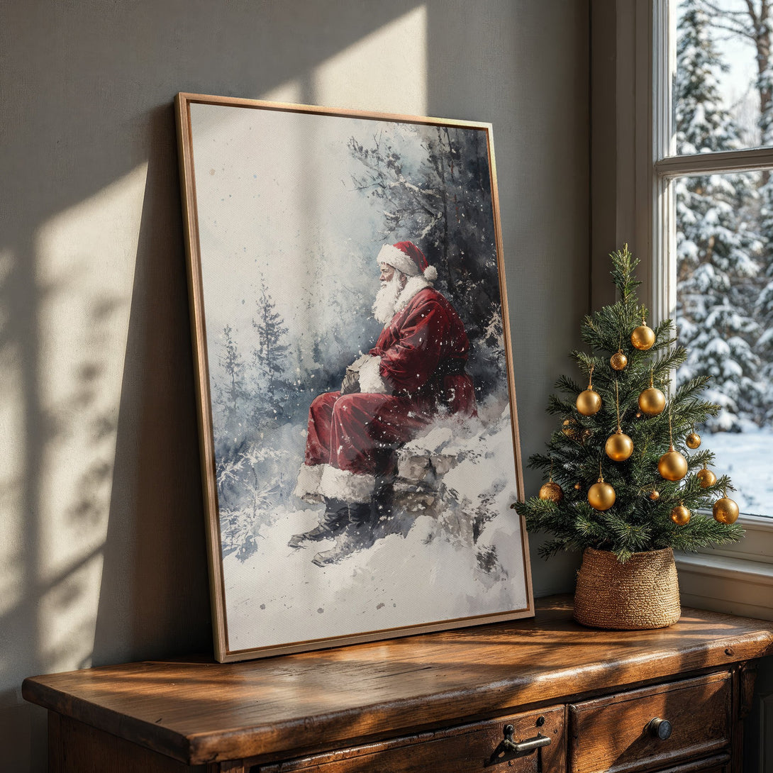 Framed Wall Art featuring Santa Claus in a snowy scene. Watercolor style with red, white, and blue tones. Perfect Christmas decor for your home!