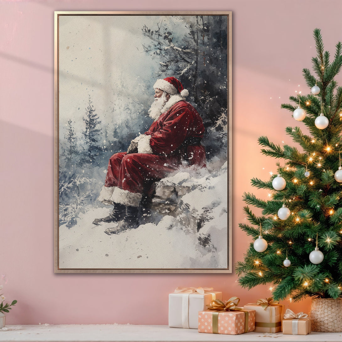 Framed Wall Art of Santa in a snowy forest. Watercolor style, red and blue tones. Perfect Christmas decor!
