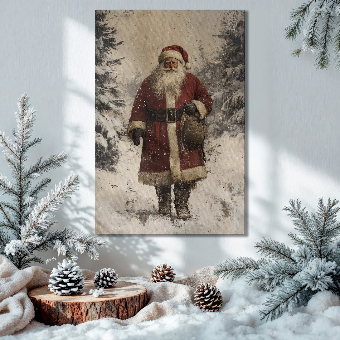 Framed Wall Art: Vintage Santa Claus canvas print in a festive interior with a Christmas tree. Red, gold, and green color palette. Perfect holiday decor!