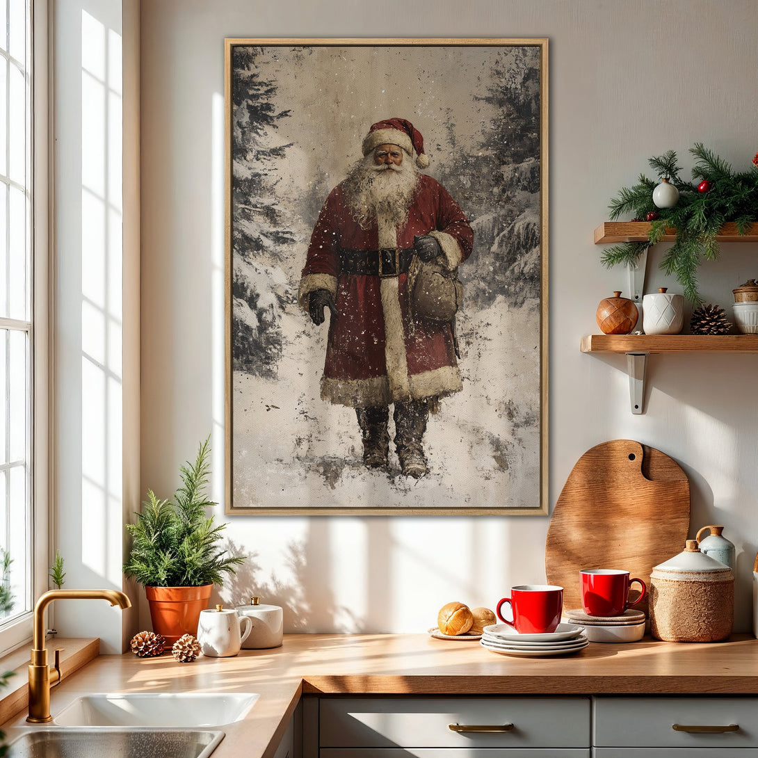 Framed Wall Art: Vintage Santa Claus print in a rustic style, featuring a red and neutral color palette. Perfect Christmas decor for your home!
