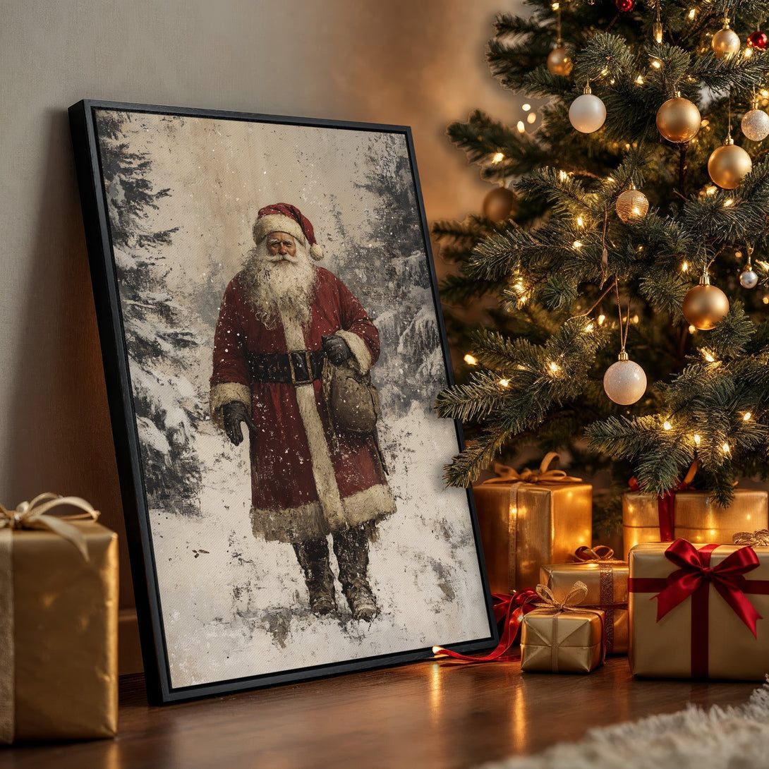 Framed Wall Art featuring Santa Claus in a vintage style, with a red and neutral color palette. Perfect Christmas decor!