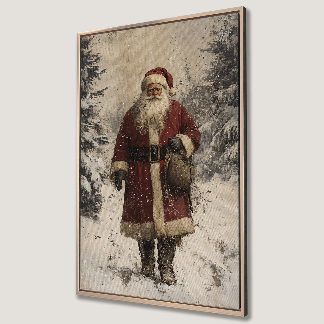 Framed Wall Art featuring Santa Claus in a snowy forest. Vintage style with a red, white, and neutral color palette. Perfect Christmas decor!