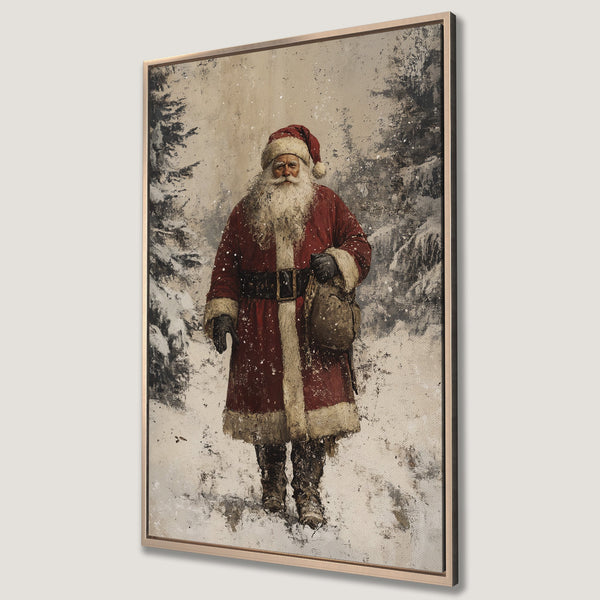 Framed Wall Art featuring Santa Claus in a snowy forest. Vintage style with a red, white, and neutral color palette. Perfect Christmas decor!