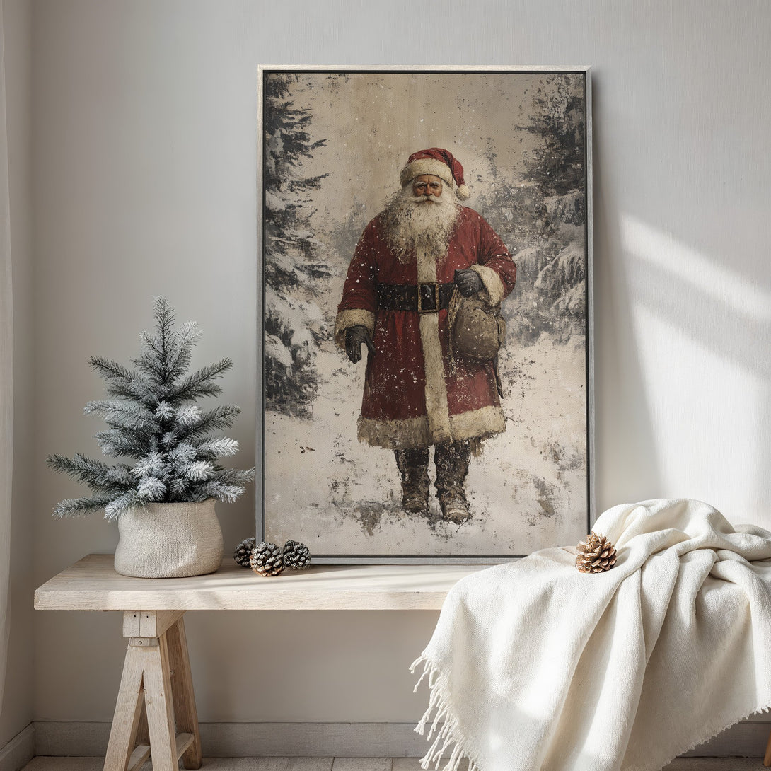 Framed Wall Art featuring Santa Claus in a vintage style, with a red and white color palette. Perfect Christmas decor for your home!