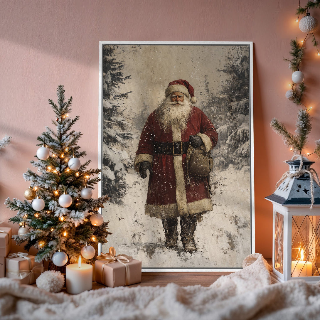 Framed Wall Art featuring Santa Claus in a vintage style, with a warm red, white, and neutral color palette, perfect for Christmas decor.