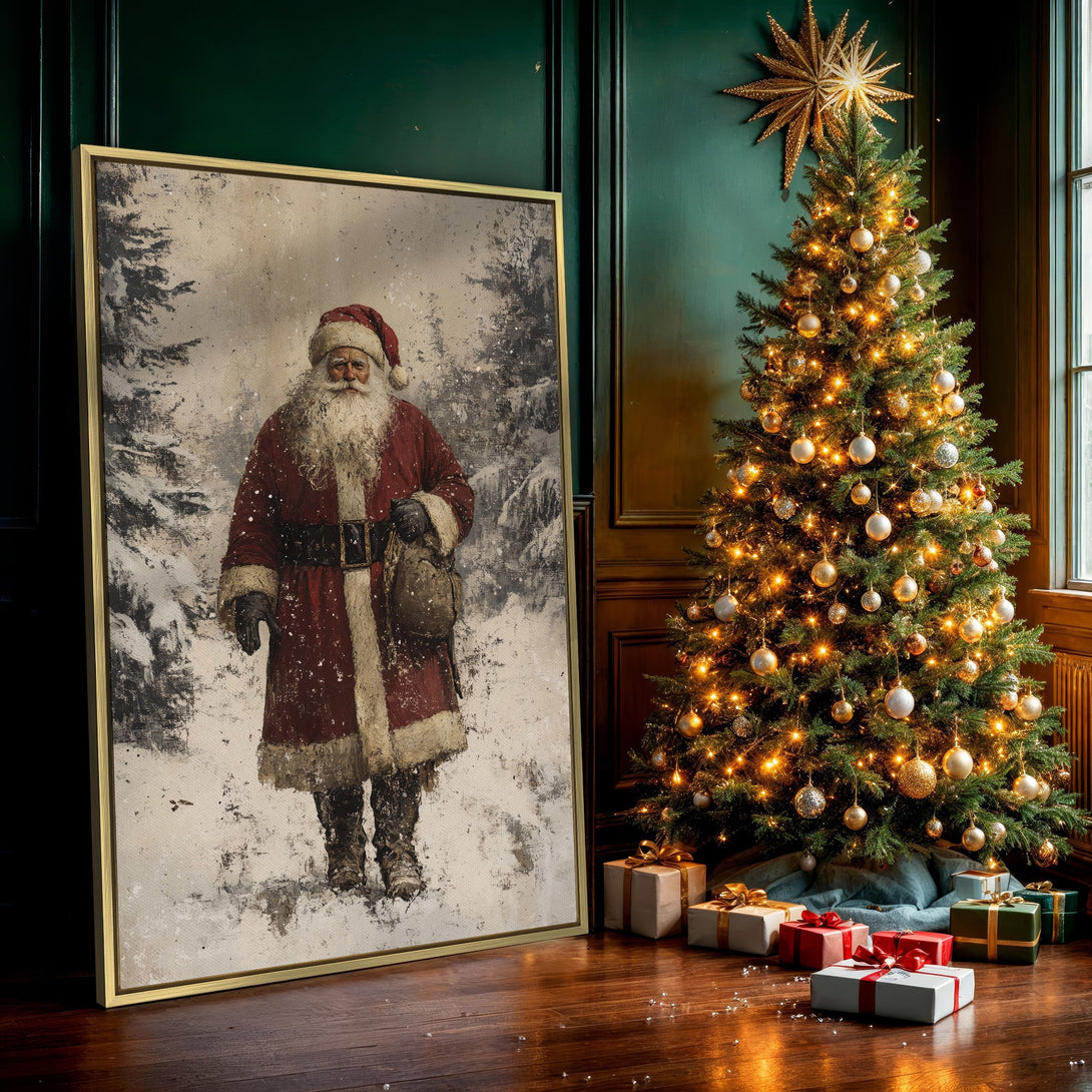 Canvas Print of Santa Claus in a winter scene, vintage style, red and white color palette. Perfect Christmas wall art!