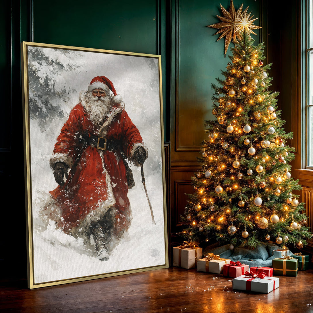 Canvas Print featuring Santa Claus in a snowy landscape, vintage style. Rich red and white color palette, perfect for holiday decor.