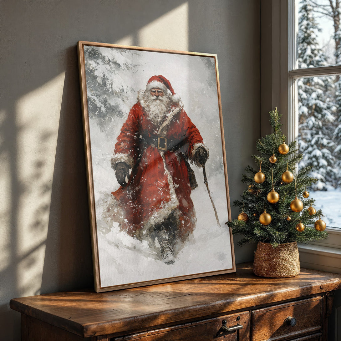 Framed Wall Art featuring Santa Claus in a winter scene. Rustic style with red, white, and neutral tones. Perfect Christmas decor!