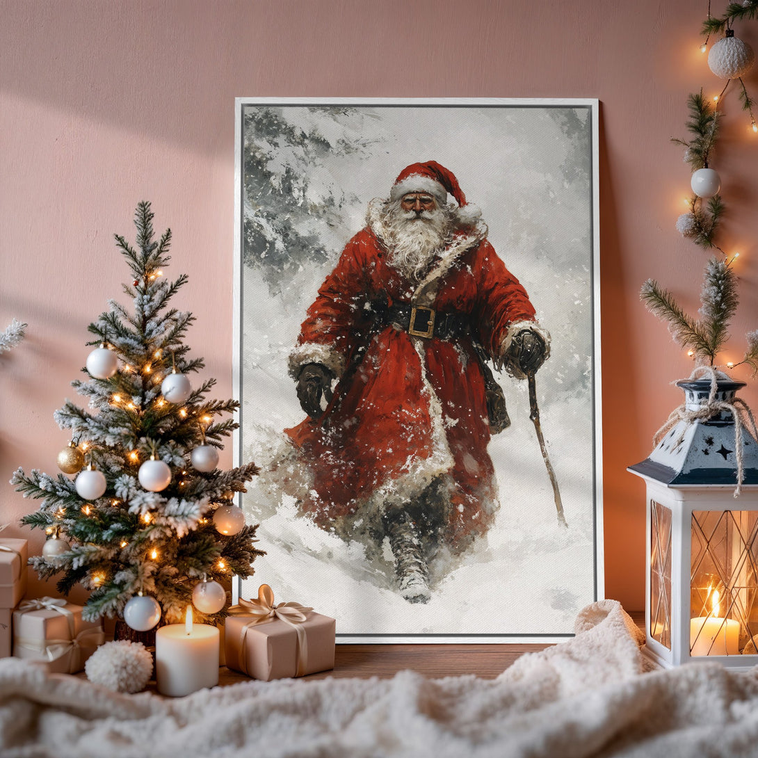 Framed Wall Art: Santa Claus in a winter scene. Classic painting style with a red, white, and gray color palette. Perfect Christmas decor.