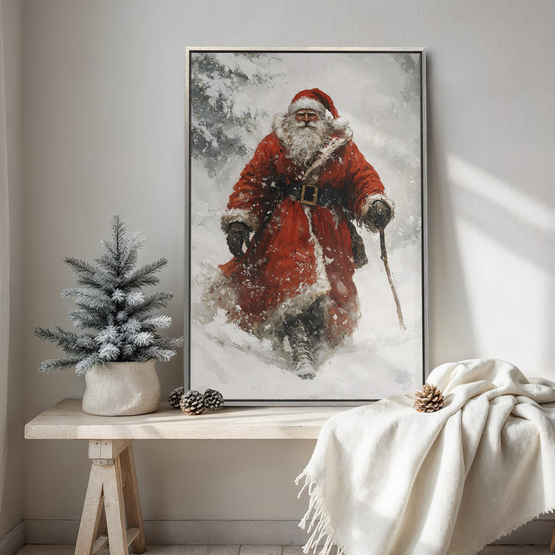 Framed Wall Art featuring Santa Claus in a snowy landscape. Rustic style with a red, white, and gray color palette. Perfect Christmas decor!