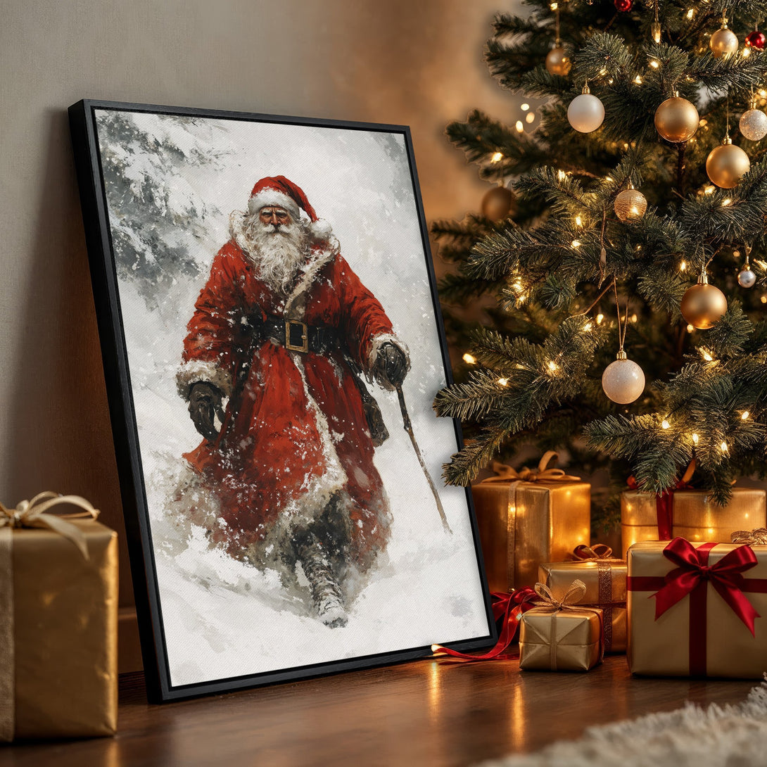Framed Wall Art: Santa Claus painting in a snowy landscape, rich red and white palette, perfect Christmas decor.