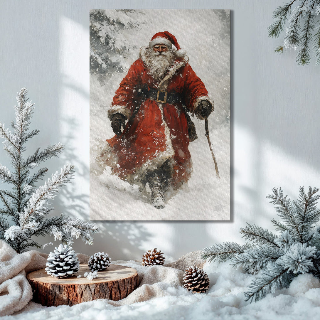 Framed Wall Art featuring a classic Santa Claus painting in a cozy Christmas interior. Red, white, and gold color palette. Perfect holiday decor!