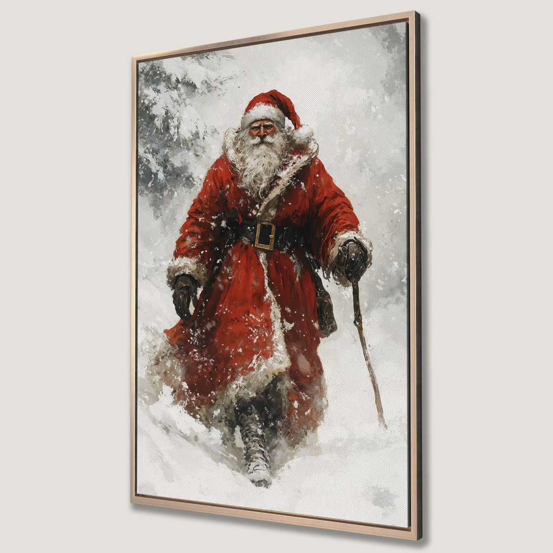 Framed Wall Art featuring Santa Claus in a snowy landscape. Artistic style with a red, white, and gray color palette. Perfect Christmas decor!