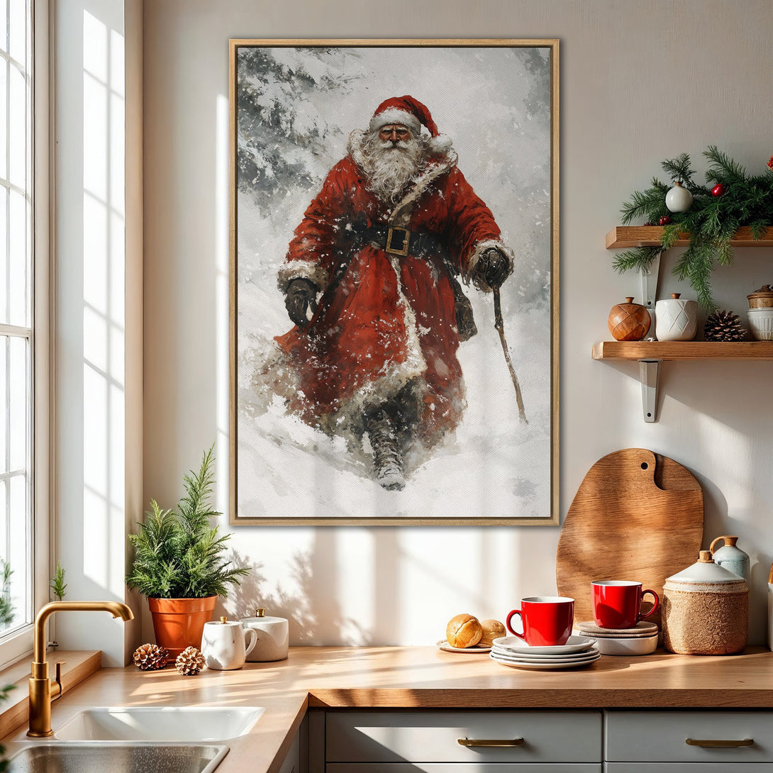 Framed Wall Art: Santa Claus painting in winter scene. Red and white color palette, perfect for Christmas decor. Bring holiday cheer to your home!