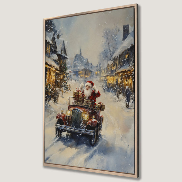 Framed Wall Art: Santa in a vintage car, winter scene. Whimsical watercolor style, warm red, gold, and blue tones. Perfect Christmas decor!