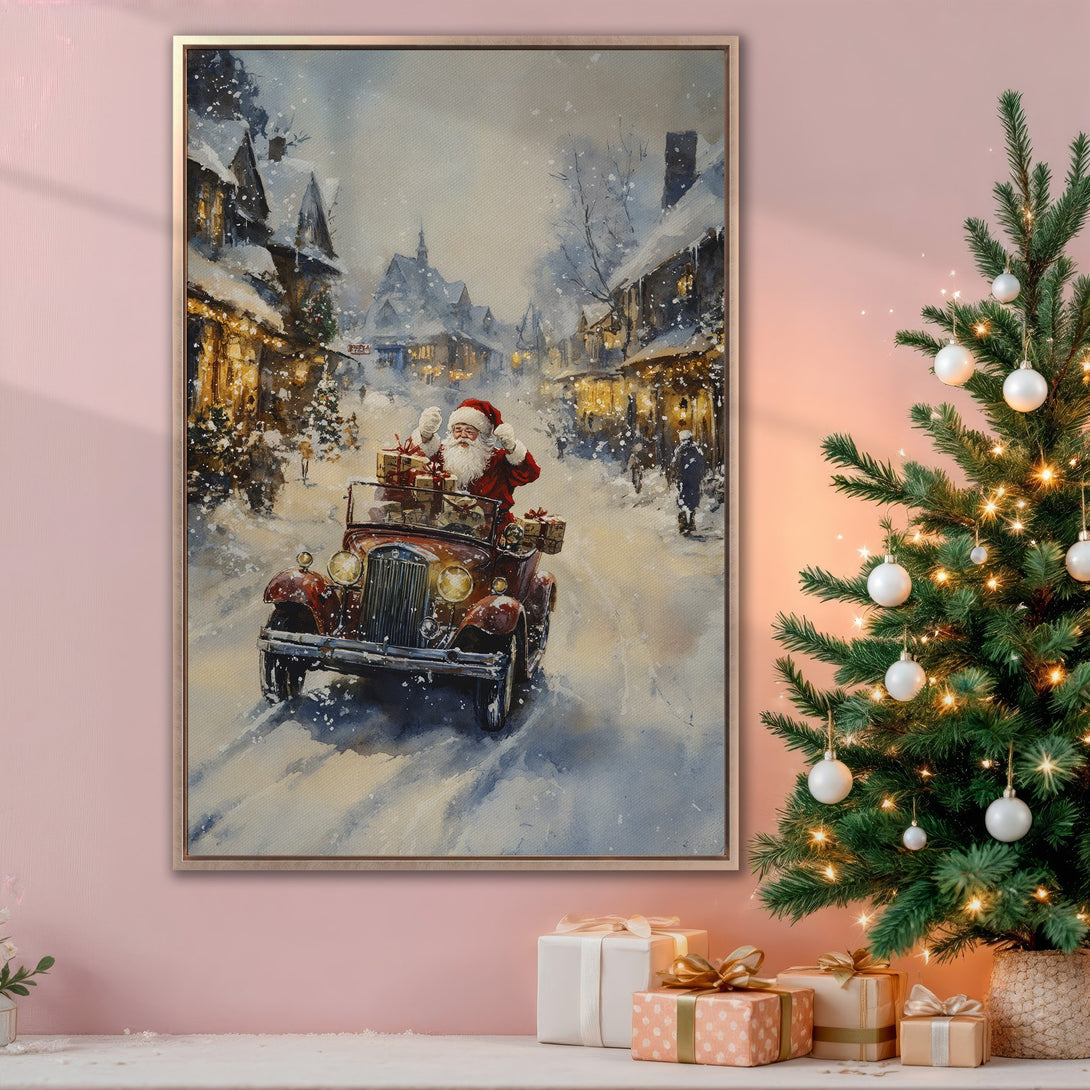 Framed Wall Art: Watercolor Santa in a vintage car, snowy Christmas scene. Warm, inviting color palette. Perfect holiday decor for your home!