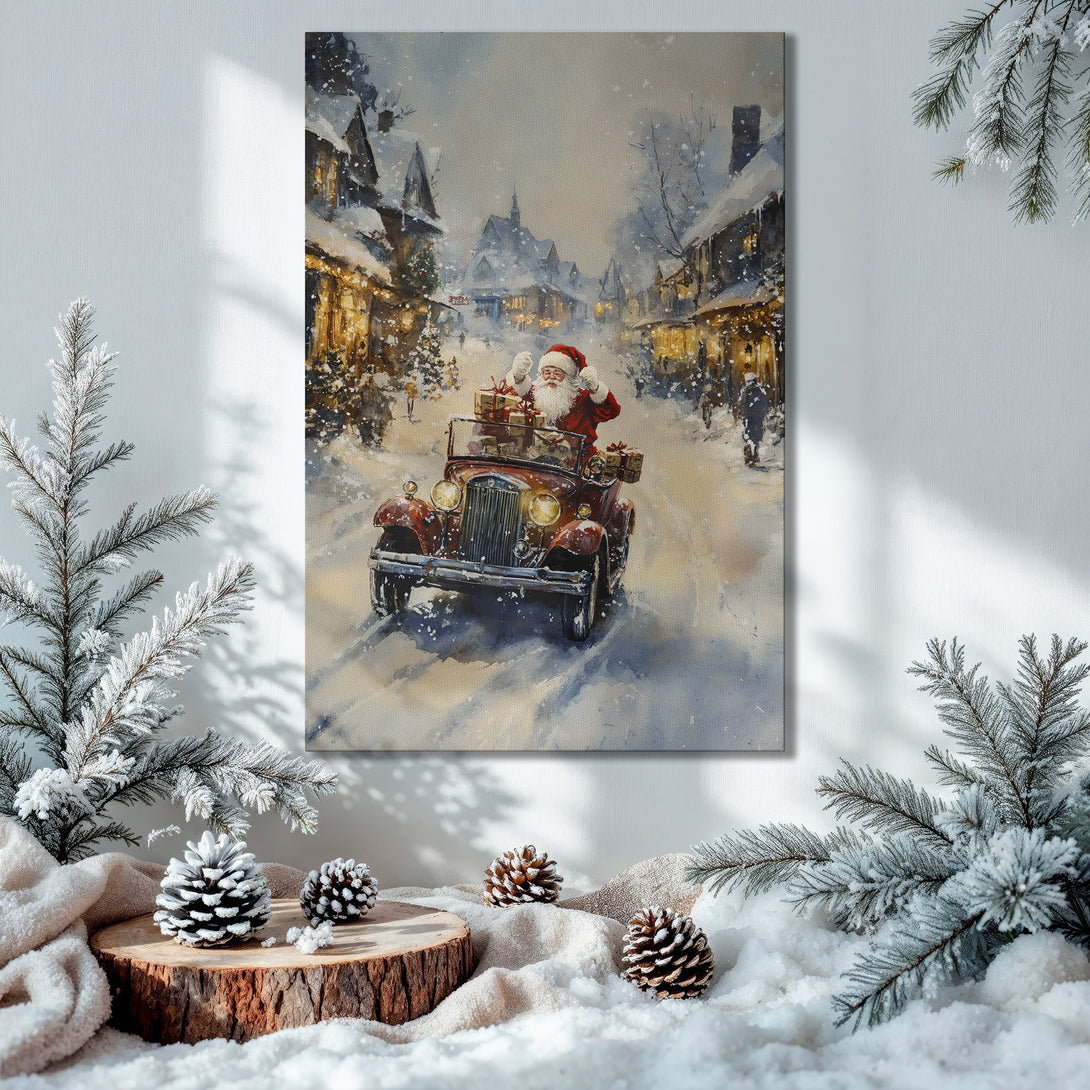 Framed Wall Art: Christmas scene with Santa in a vintage car, snowy village, warm color palette. Perfect holiday decor for your home.