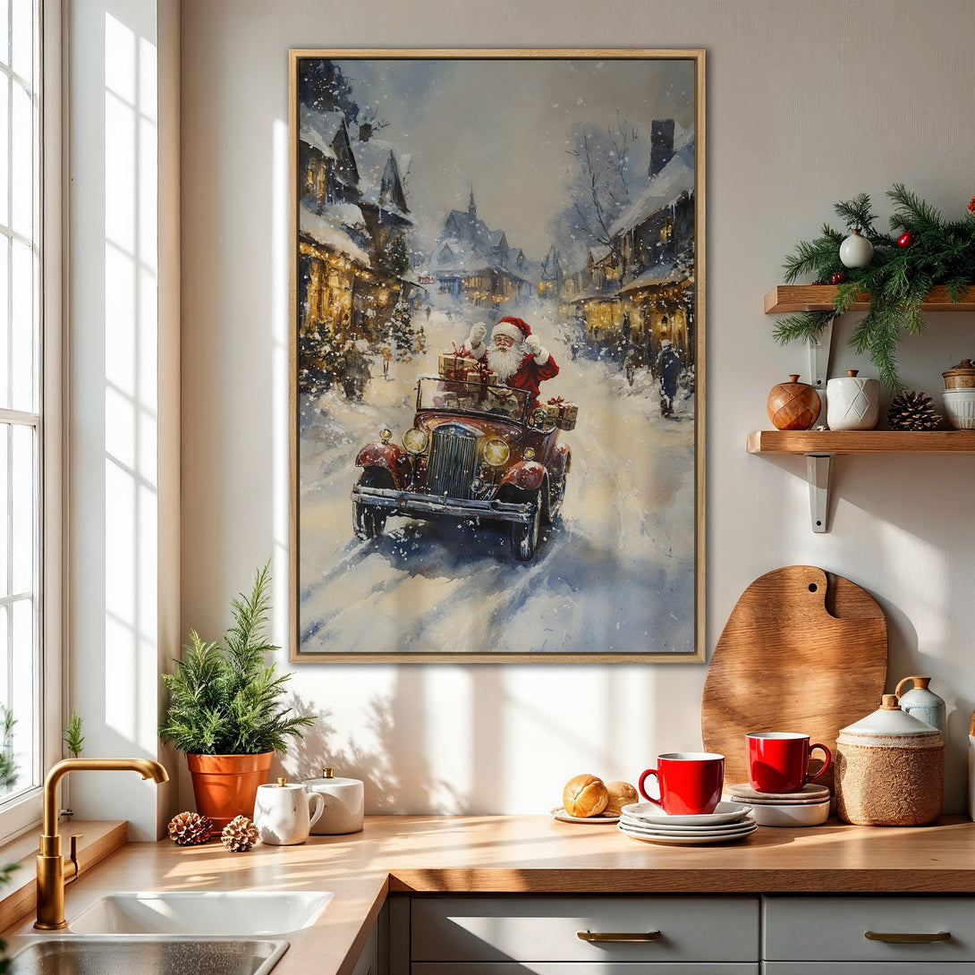 Framed Wall Art: Santa Claus in a vintage car, winter scene, watercolor style, warm color palette, perfect for Christmas decor.