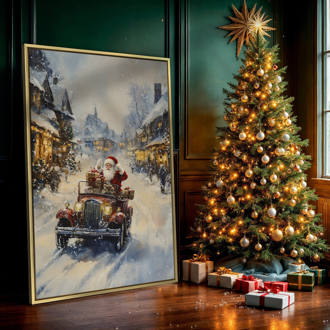 Canvas Print of Santa in vintage car, snowy winter scene, watercolor style, warm red & blue color palette. Perfect Christmas decor!
