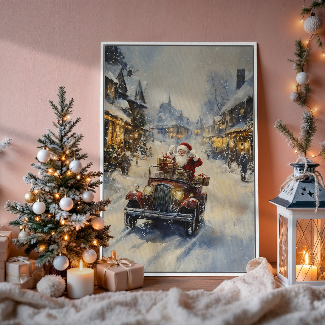 Framed Wall Art: Santa driving a vintage car in a snowy village, warm watercolor style. Festive winter scene with red, white, and blue hues.