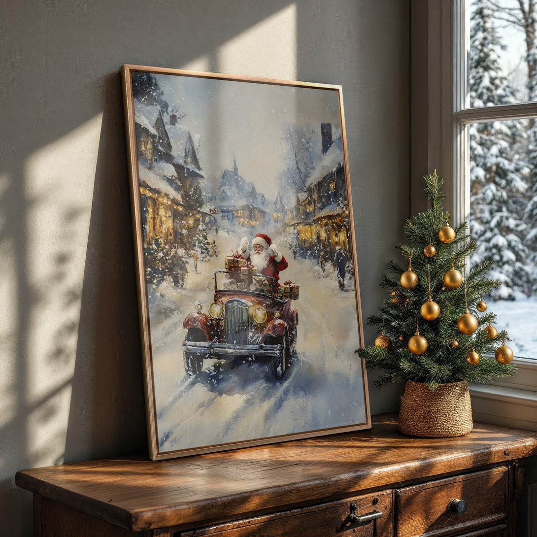 Framed Wall Art featuring Santa in a vintage car, snowy winter scene. Warm, inviting color palette. Perfect Christmas decor.