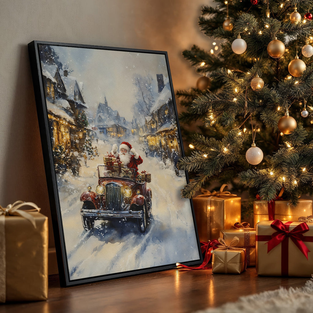 Framed Wall Art of Santa in a vintage car, watercolor style, snowy scene. Warm, festive color palette. Perfect Christmas decor.