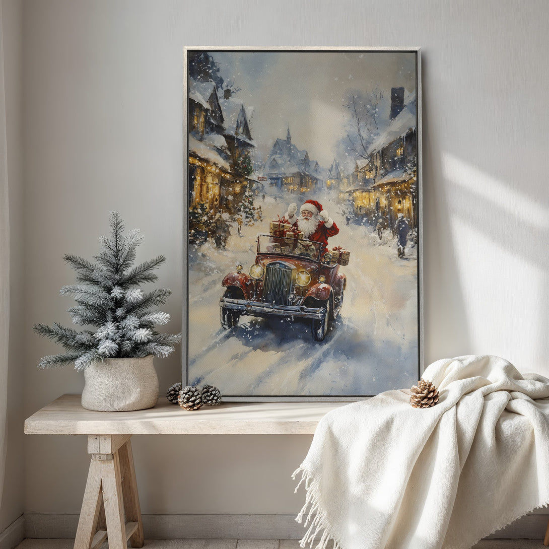 Framed Wall Art: Santa in a vintage car, watercolor style. Winter scene with warm, inviting colors. Perfect holiday decor!