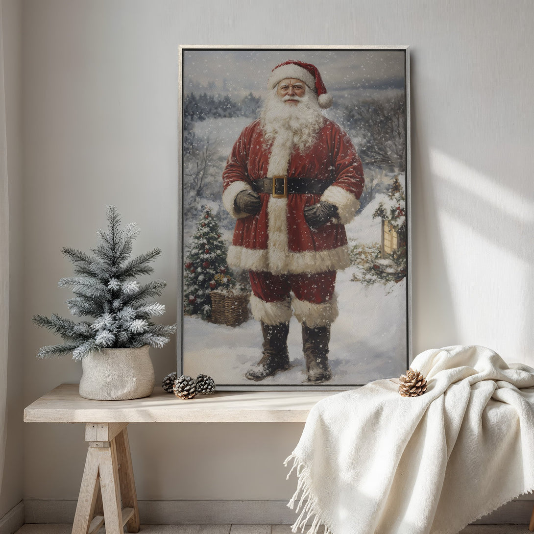 Framed Wall Art featuring Santa Claus in a snowy scene. Classic style with a red, white, and neutral color palette, perfect for holiday decor.