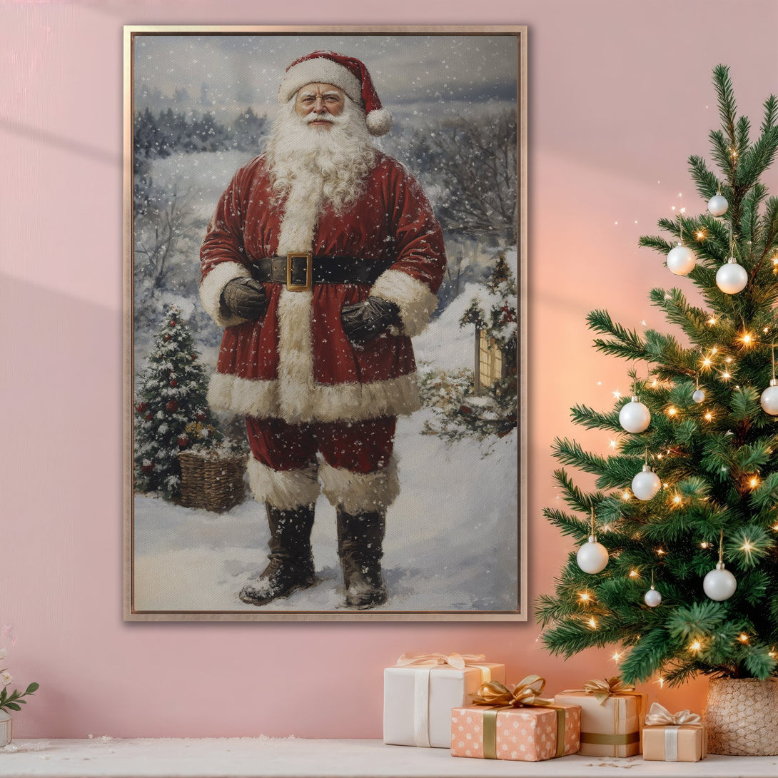 Framed Wall Art featuring Santa Claus in a winter scene. Classic style, festive red & white palette. Perfect Christmas decor for your home!