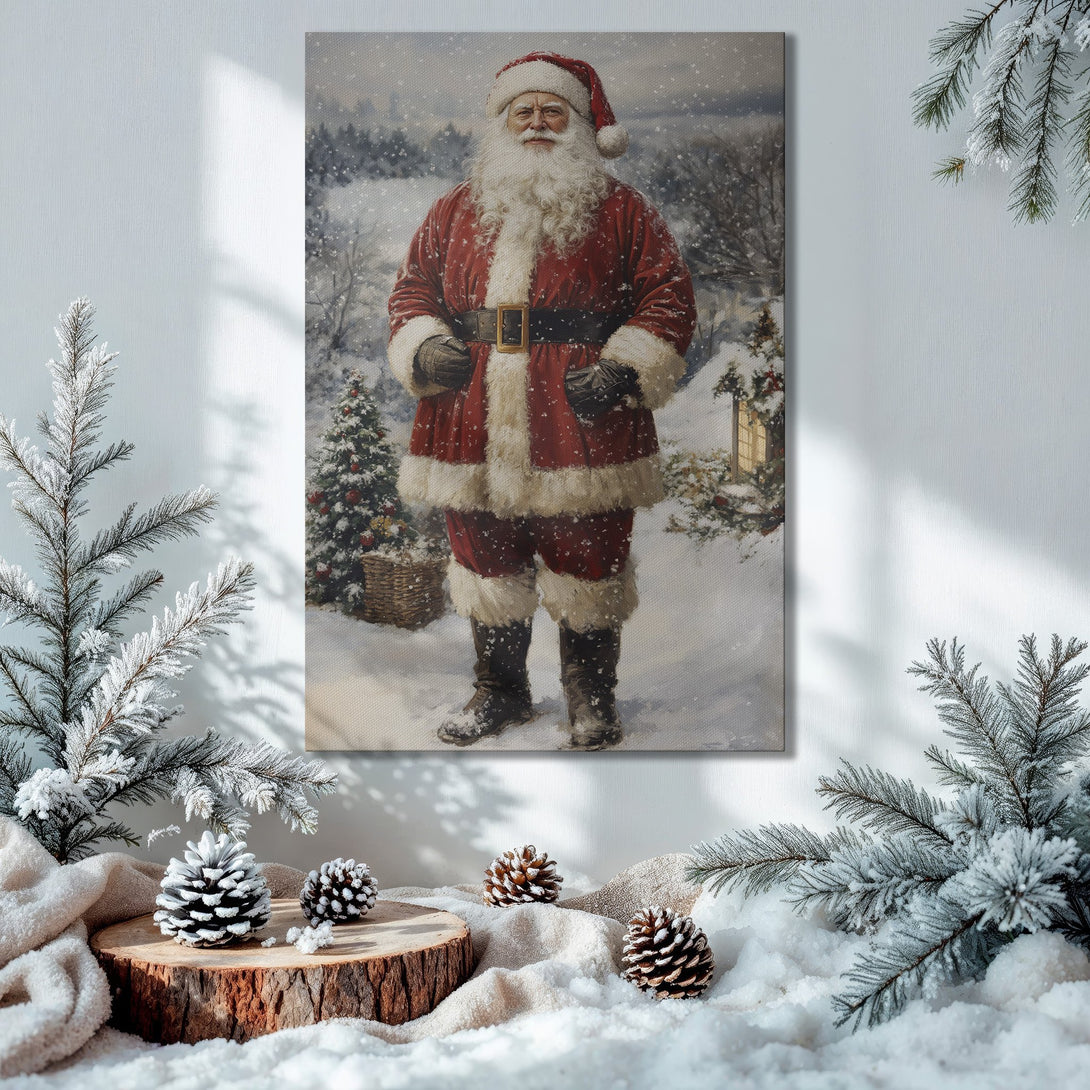 Framed Wall Art: Classic Santa Claus painting in a cozy Christmas interior. Red, gold, and green color palette. Perfect holiday decor.