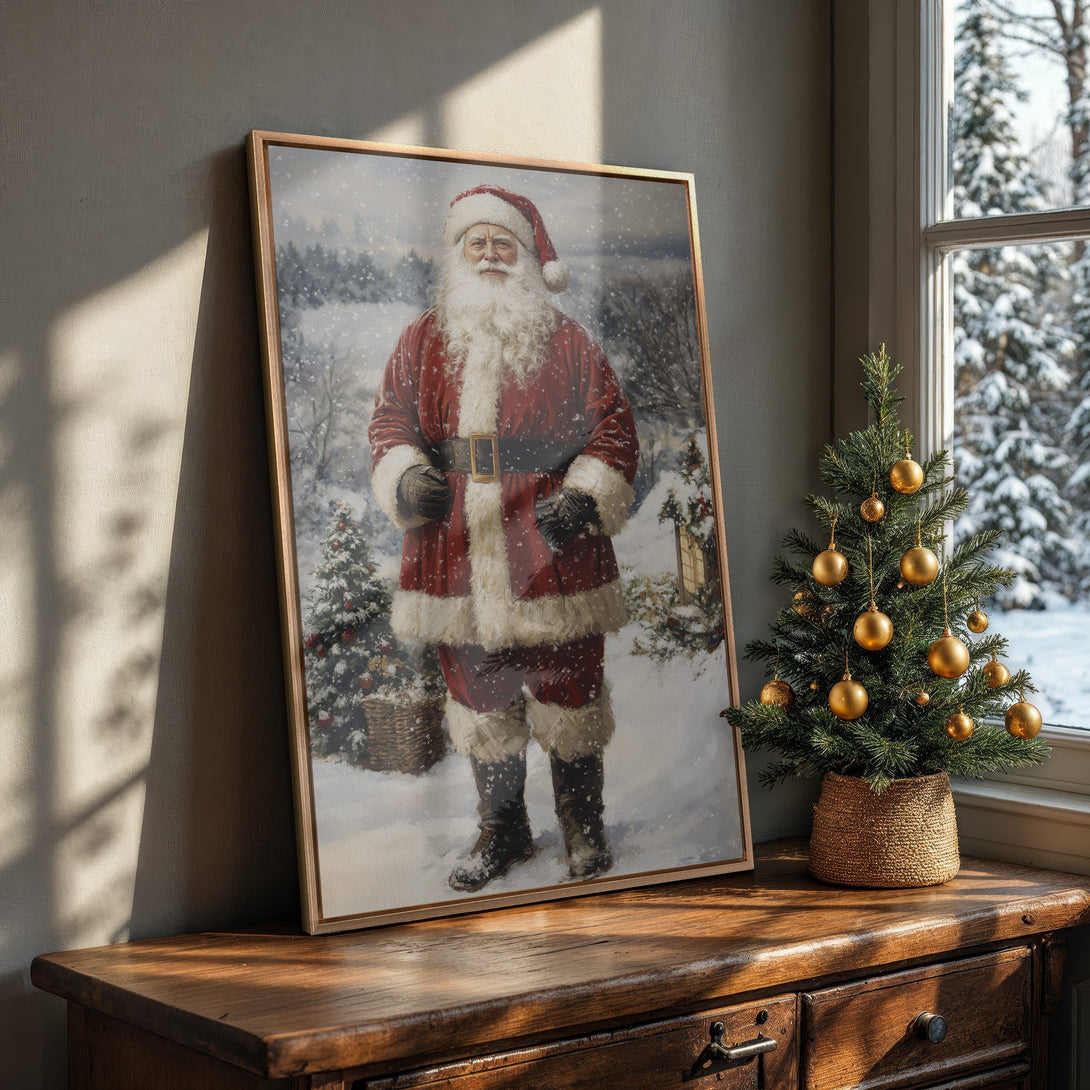 Framed Wall Art featuring Santa Claus in a snowy scene, classic style. Warm red, white, and brown color palette for cozy holiday decor.