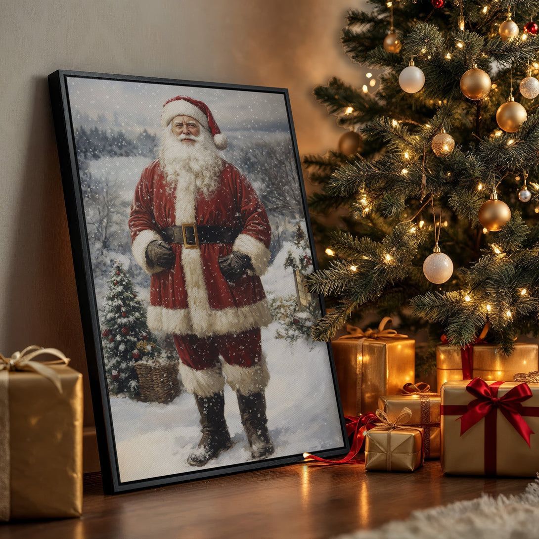 Framed Wall Art featuring Santa Claus in a snowy scene. Festive Christmas decor with a warm, inviting color palette of reds, golds, and whites. Perfect holiday gift!