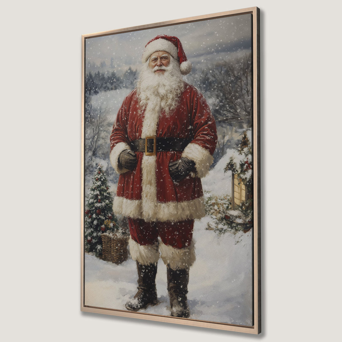 Framed Wall Art: Classic Santa Claus portrait in a snowy winter scene. Warm red and white tones create a cozy holiday feel. Perfect Christmas decor!