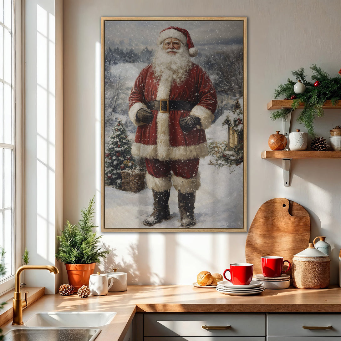 Framed Wall Art featuring Santa Claus in a snowy winter scene. Classic painting style with a festive red and white color palette. Perfect Christmas decor!