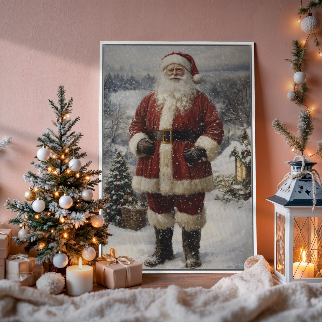 Framed Wall Art featuring Santa Claus in a winter scene. Classic style, warm red and snowy white color palette. Perfect Christmas decor!