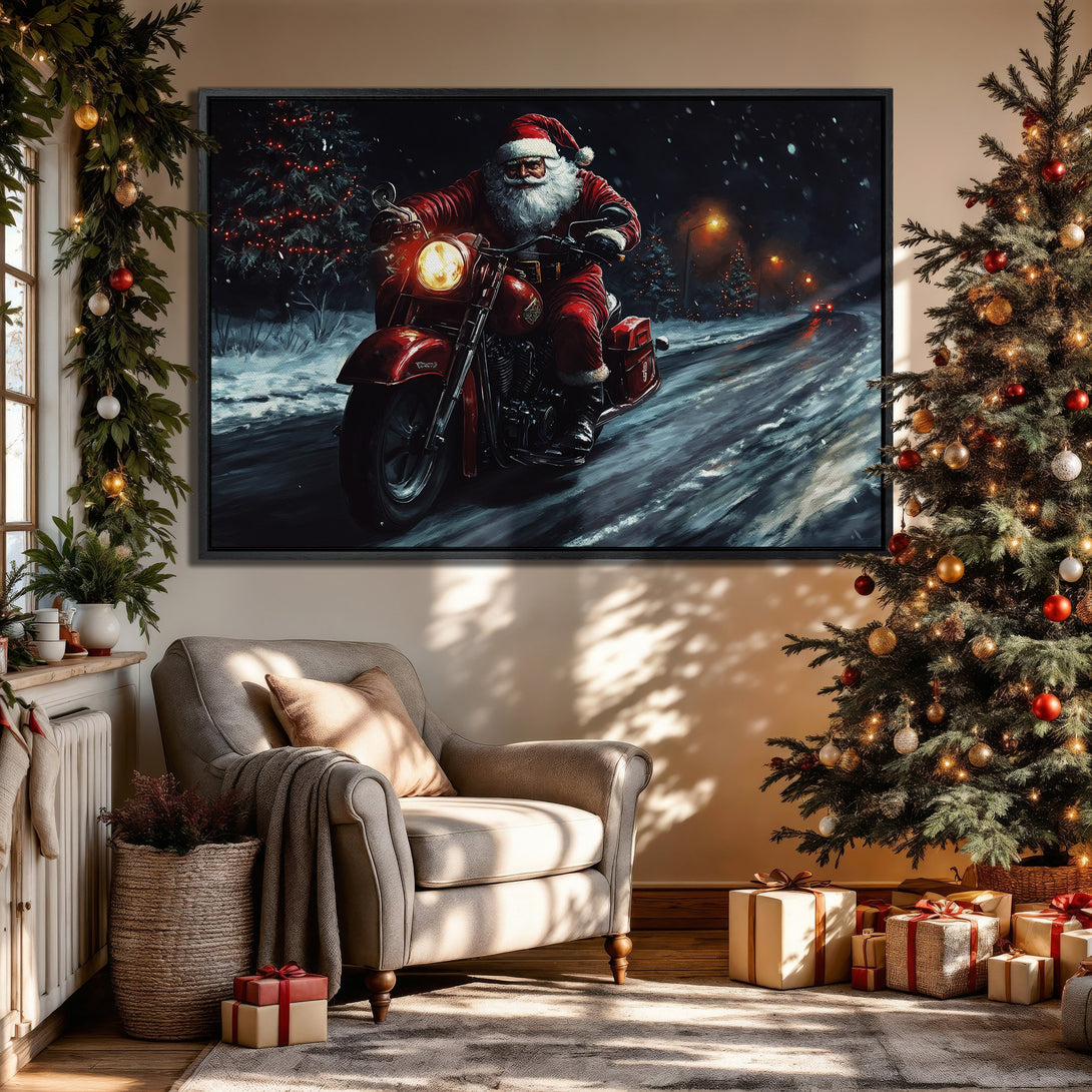 Framed Wall Art: Santa on a motorcycle in a snowy scene. Festive red and dark blue palette, perfect for Christmas decor. Add holiday cheer to your home!