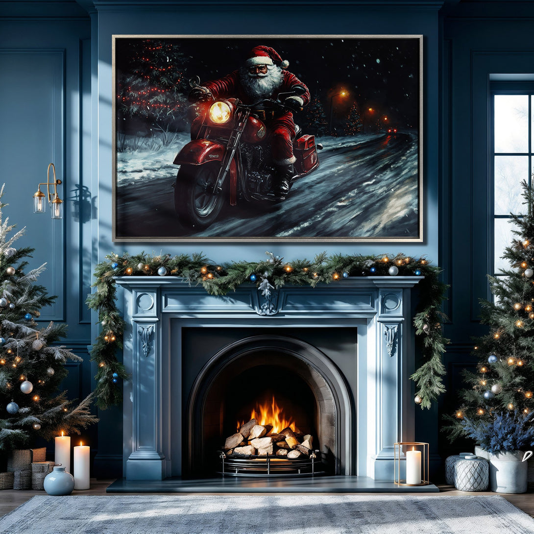 Framed Wall Art: Santa Claus on a motorcycle in a snowy scene. Festive artwork with a red, black, and blue color palette, perfect for Christmas decor.