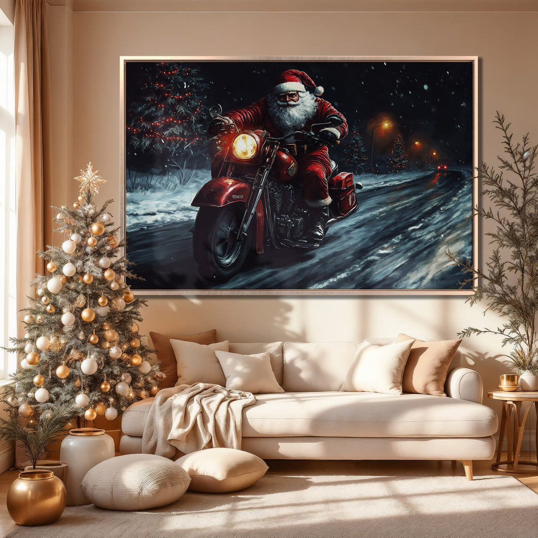 Framed Wall Art: Santa on a motorcycle in a snowy scene. Festive Christmas decor with a warm, neutral color palette. Perfect holiday gift!