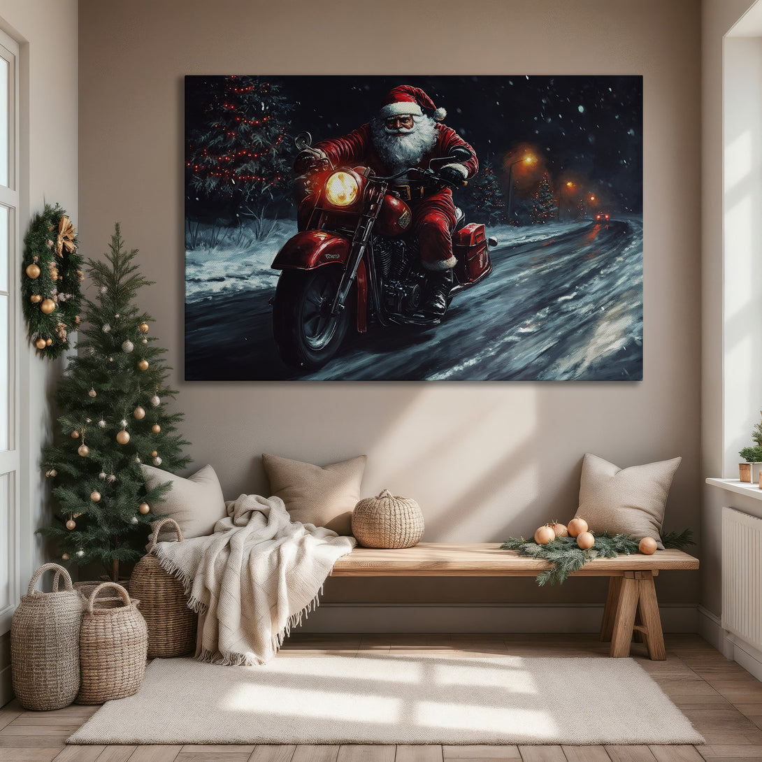 Framed Wall Art: Santa Claus on a motorcycle, winter scene with a red and blue color palette. Perfect Christmas decor!