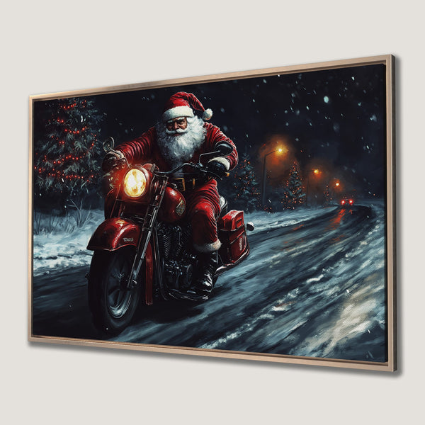 Framed Wall Art: Santa on a motorcycle in a winter scene. Artistic style with red, blue, and white color palette. Perfect Christmas decor!