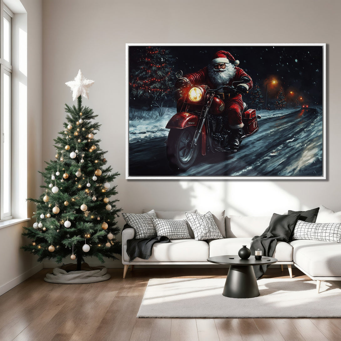Framed Wall Art: Santa on a motorcycle canvas print in a living room, featuring a red and black color palette, perfect for Christmas decor.