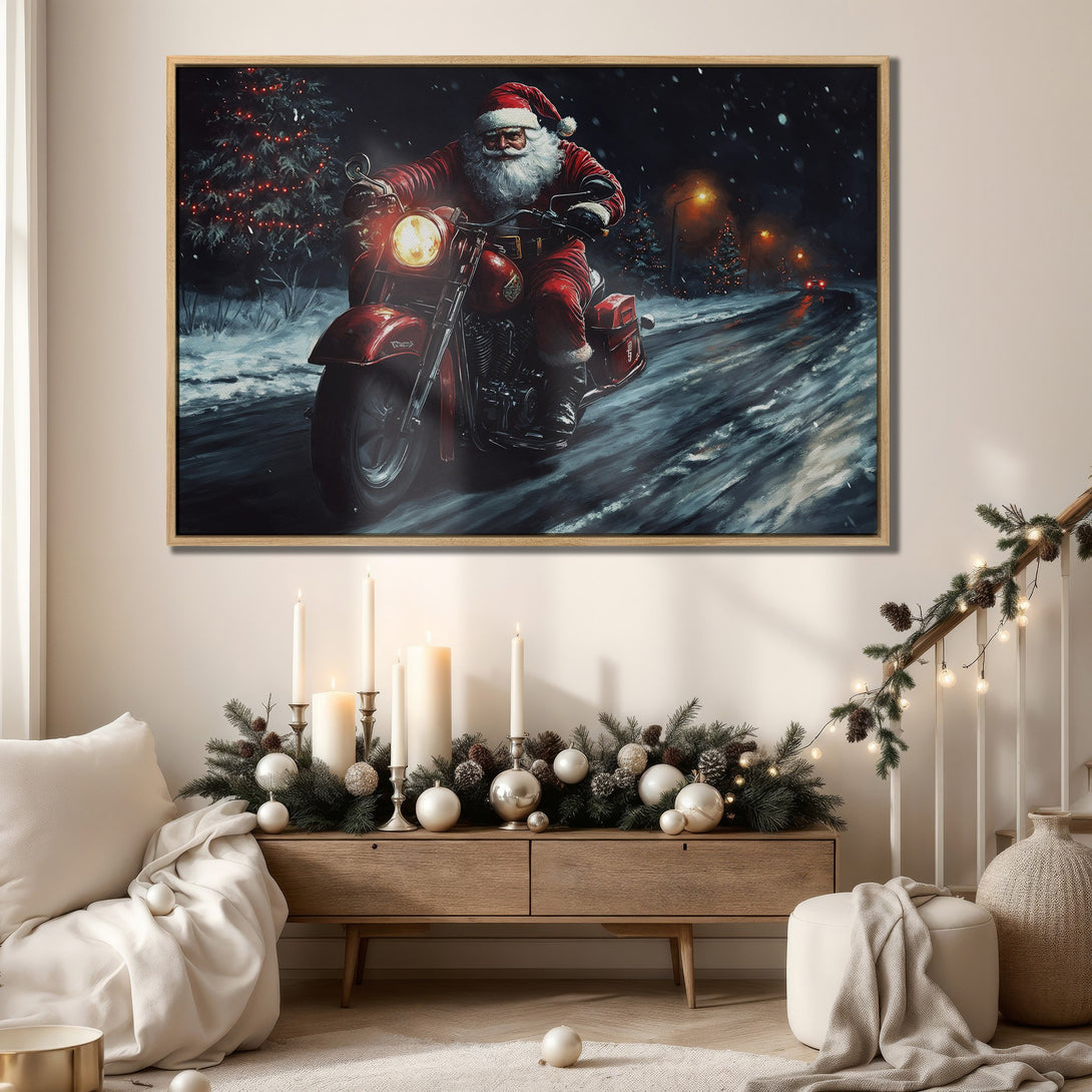 Framed Wall Art: Santa Claus on a motorcycle in a snowy scene. Festive holiday decor with a red and blue color palette. Perfect Christmas gift!
