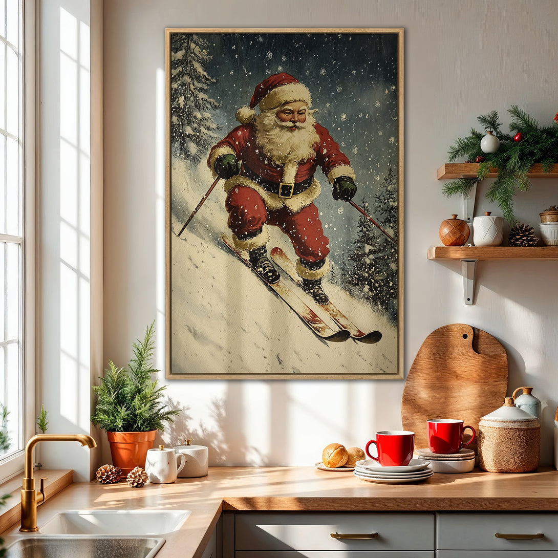 Framed Wall Art: Vintage Santa skiing in a snowy forest. Classic Christmas decor with a warm red, white, and blue color palette. Perfect holiday gift!