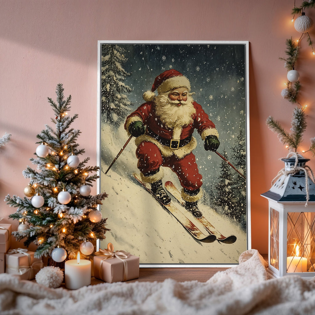 Framed Wall Art: Vintage Santa skiing in a snowy scene. Festive red and white color palette. Perfect Christmas decor for your home!